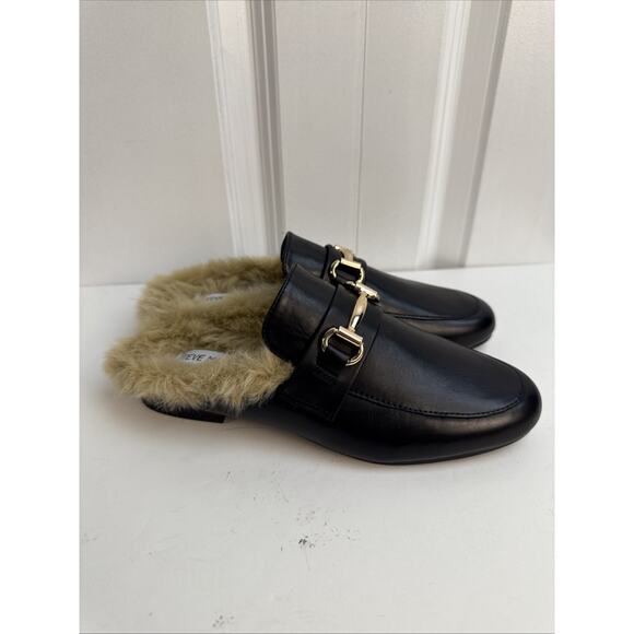 Steve Madden Women's Jill Black Leather Slides Fur Loafer Size 6.5 Shoe NWB - Picture 3 of 10